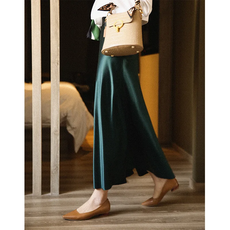 

Waterfall Drop Acetic Acid Skirt Women's Medium Length Silk Satin Streamer Green Large Swing Skirt Acetic Acid Satin Silk Skirt