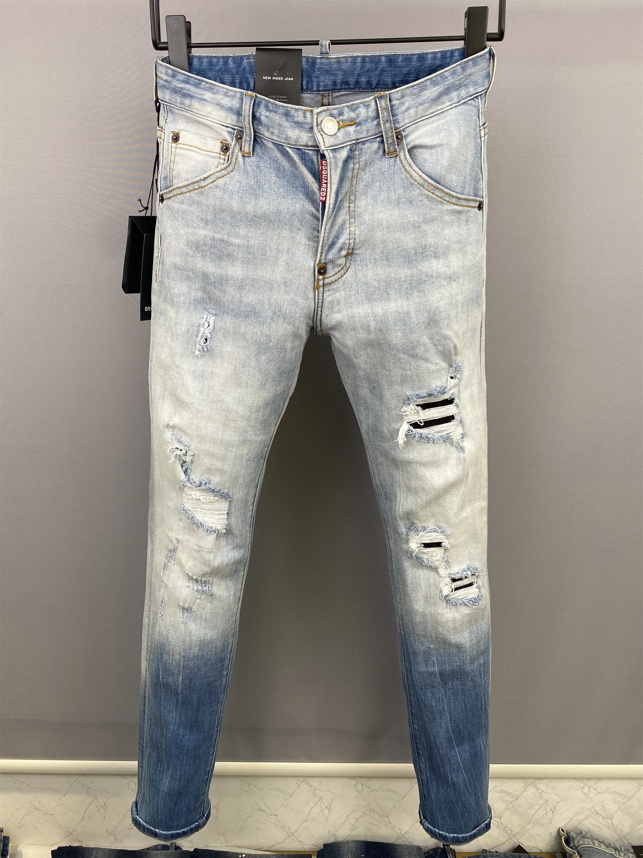 

2023 Patchwork Denim Long Jeans Fashion Hole Patch Broken Ink Paint Pants DSQUARED2 Printed Cool Tight Long Pants Cool Outwear