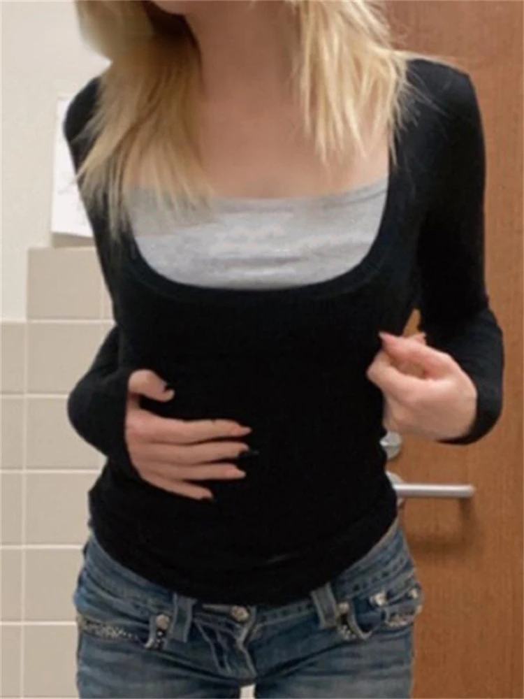 

Винтажные футболки в стиле Харадзюку в стиле пэчворк Y2K, обтягивающие эстетические черные футболки, уличная одежда, Осенние футболки с длинным рукавом 90-х