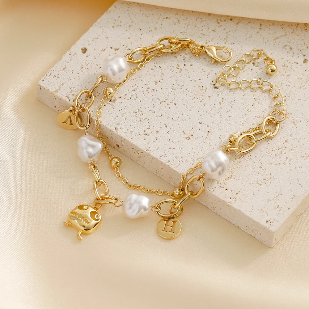 Pearl Bracelets Letter Jewelry Brand Gold Plated Freshwater Pearls Clover Personalized Thick Chains Bracelets for Women Jewelry