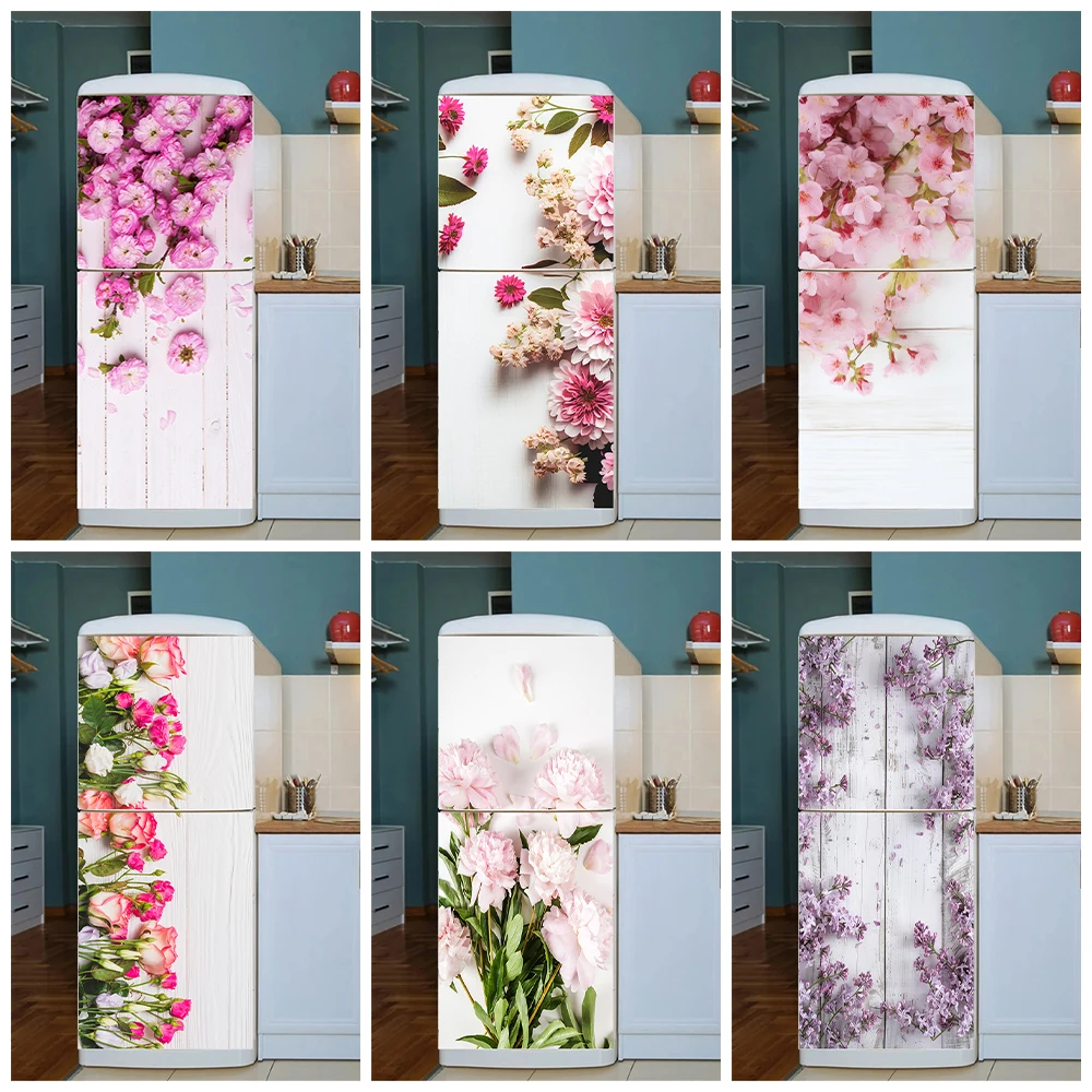 Blooming Flowers Fridge Art Mural Sticker Peel and Stick Home Decoration Wallpaper Kitchen Refrigerator Cabinet Floral Poster