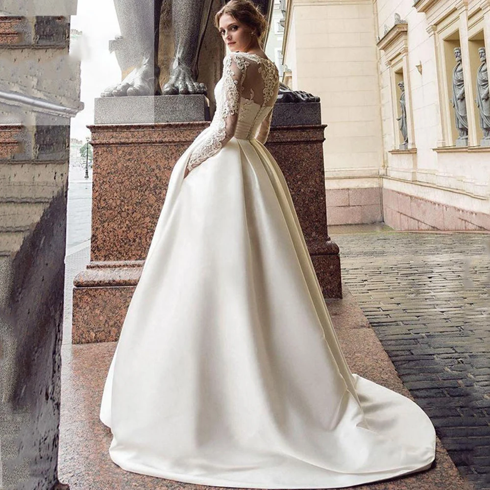 

Pastrol Wedding Gown For Bride 2022 O-Neck Zipper Back Full Sleeve Vestido De Noiva Satin A-Line Applique Sweep Train Dresses