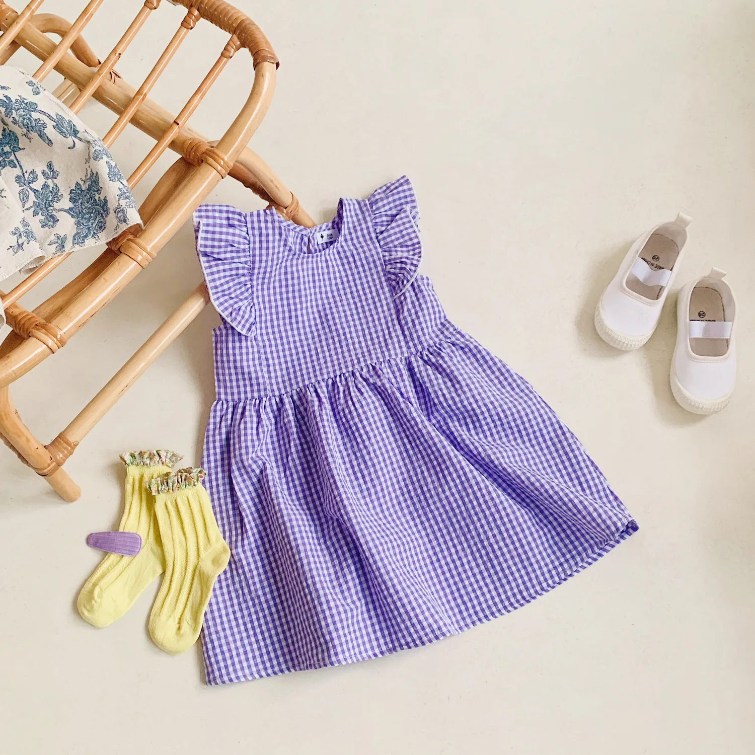 

2022 New Clothes Girls 2-7old Summer new girls dress purple skirt princess 90-140 children kids clothing baby plaid