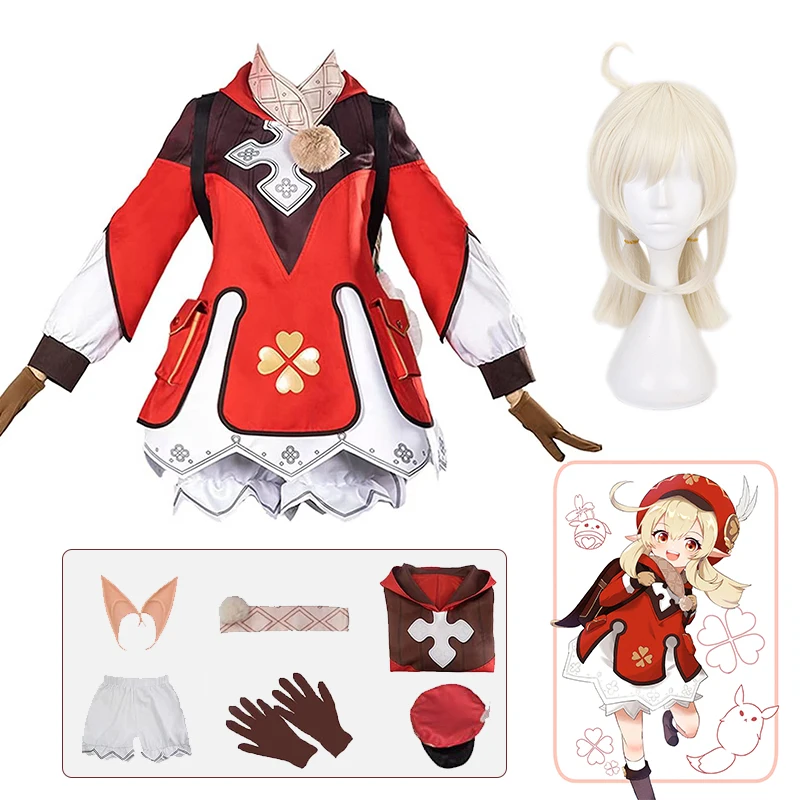 

Костюм для косплея Klee Game Genshin Impact Loli, красное платье, шорты, парик, сумка, костюм, костюмы на Хэллоуин, одежда для детей и взрослых