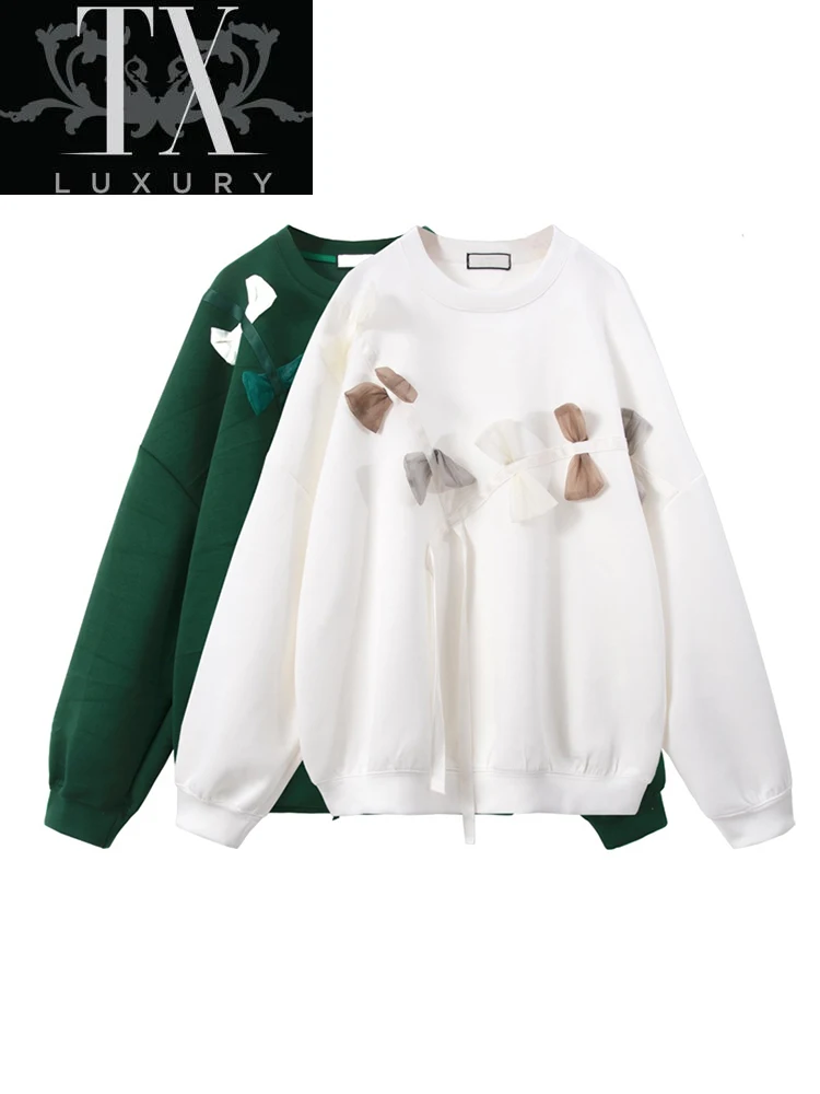 

Woman Sweatshirts 2022 Sweet Bow Korean O-neck Long Sleeve Pullovers Spring Chic All-Match Loose Hoodies Solid Womens Clothing