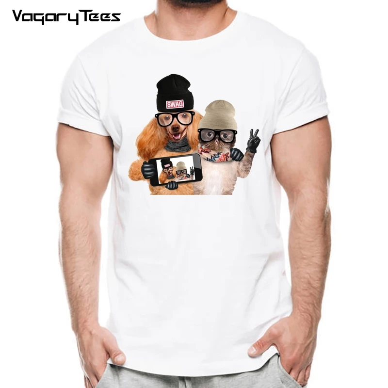 

Футболка мужская с коротким рукавом, забавный топ с принтом Swag dog with cat Take a selfie, лето