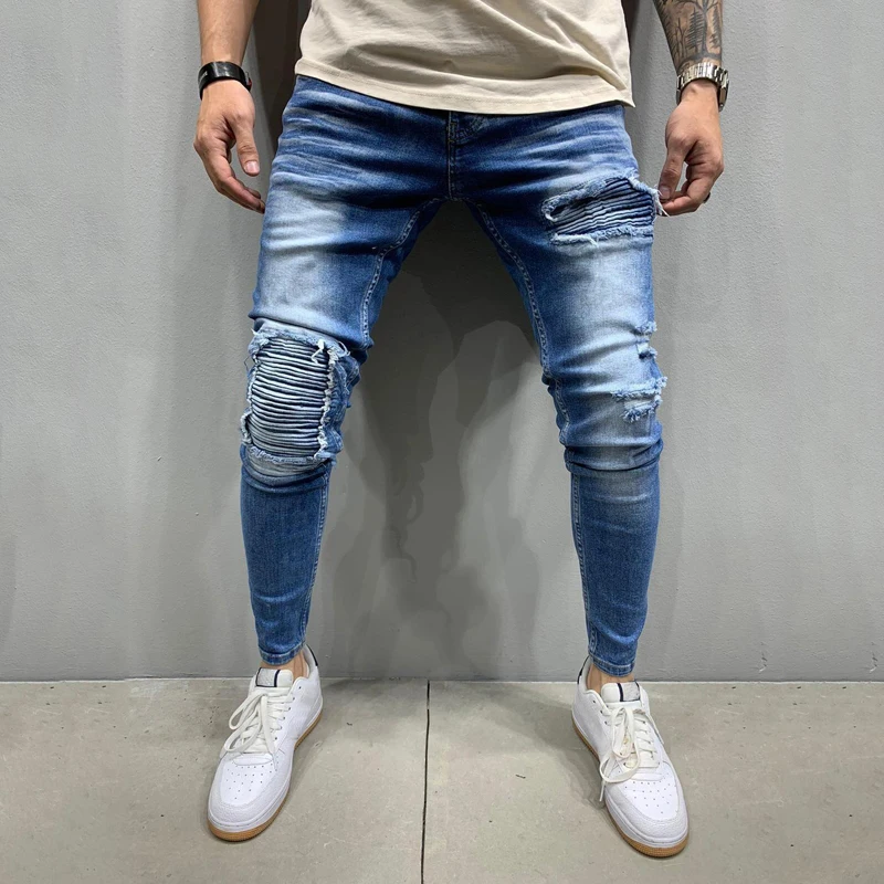 High quality street men's European and American men's ripped elastic skinny jeans torn trousers youth student casual trend pants