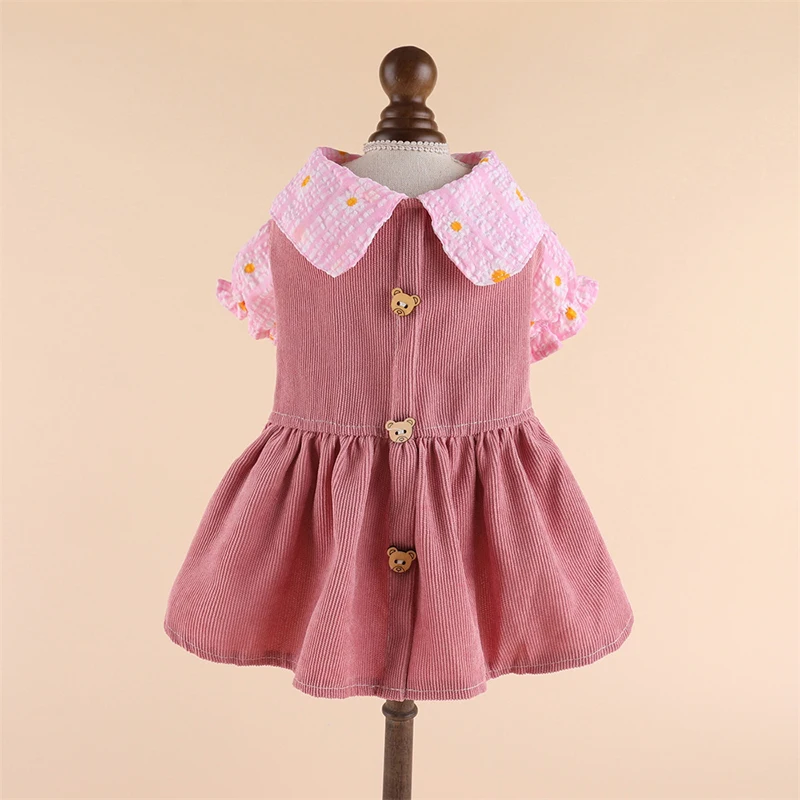 

Pet Classic Embroidery Corduroy Dress Cat Dog Dress Pet Skirt Dog Dress With Towing Buckle Teddy Bears Coat Pet Clothes