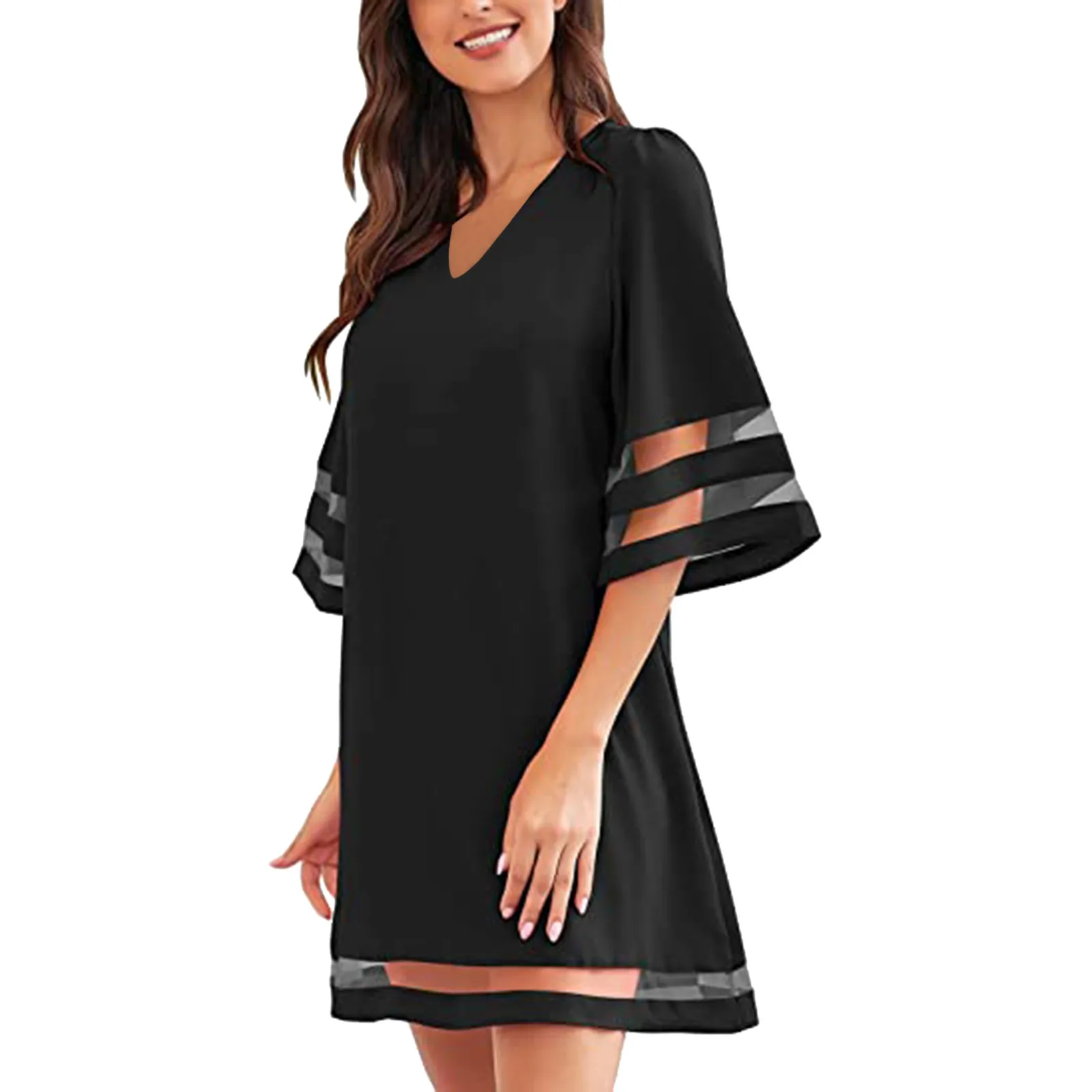 

Crewneck 3/4 Loose Bell Sleeve Patchwork A-line Dress Women Mesh Casual Tunic Women's Dress O Neck Fashion dress