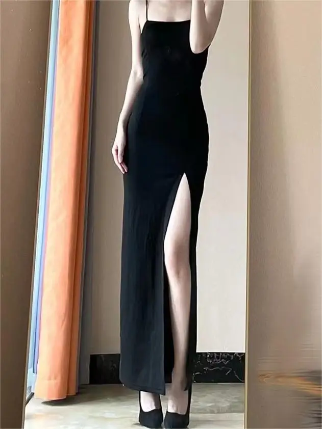 

Strapless Spaghetti Strap Thigh-High Slit Dress Stretch Modern Style Hip-wrapped Skirt Formal Dress Women Elegant