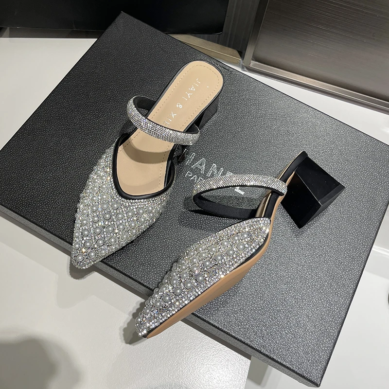 Woman Sparkly Pearl Pointed Toe Sandals Elegant Party Shoes Medium Heels Wedding Casual Chunky Heels Slippers Luxury Comfortable