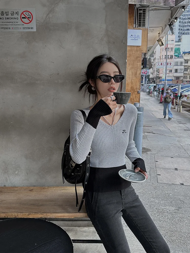 ZQ Ziqing весенне-осенний облегающий свитер с v-образным вырезом для похудения