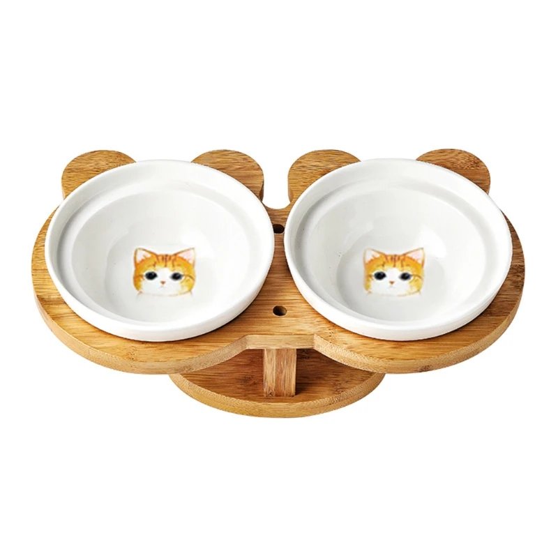 

Detachable Pet Ceramics Double Food Bowl Bamboo Holder Feeder Puppy Dog Dish