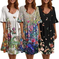 womens plus size loose dress o neck floral printed dresses knee length ruffle sleeve elegant beach party summer vintage