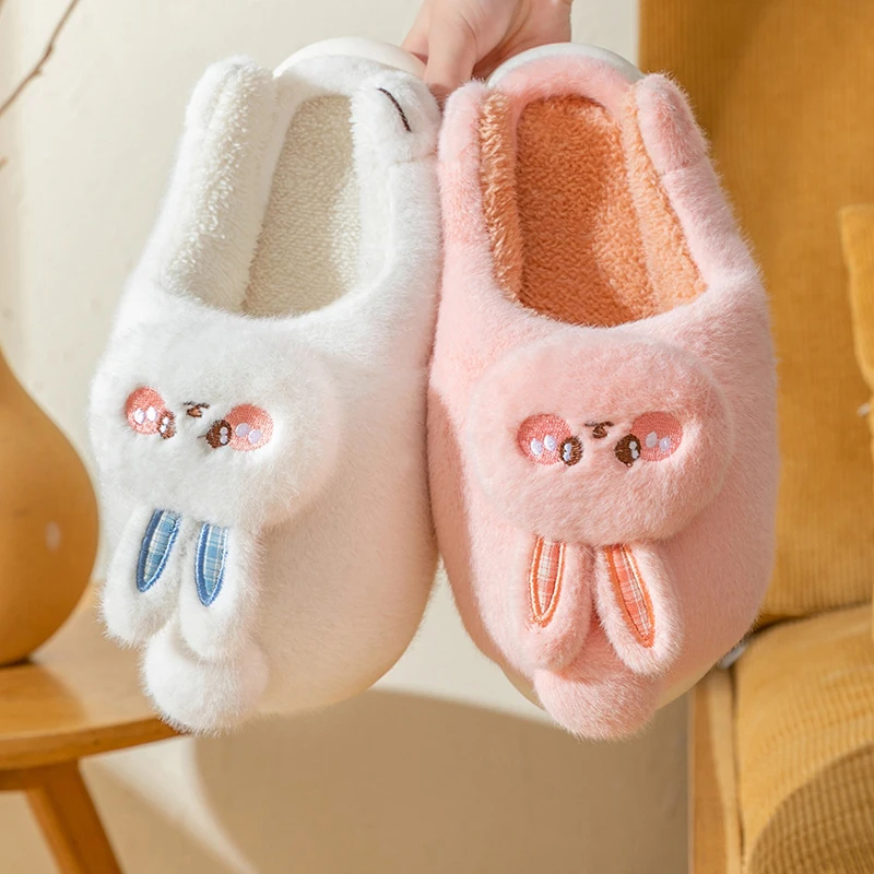 

House room Slipper Women Cartoon Rabbit Winter Warm Fur Contton Plush Non Slip Grip Indoor Home Fuzzy Female Floor Shoe Flat
