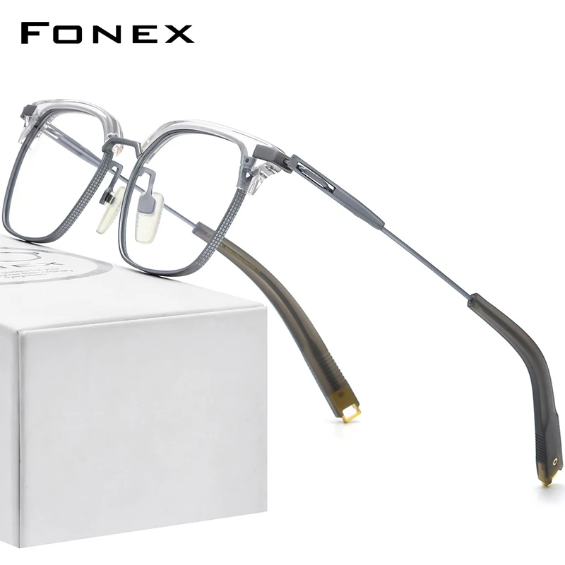 FONEX Acetate Titanium Glasses Frame Men Vintage Square Prescription Eyeglasses Women Spectacles Myopia Optical Eyewear DLX410