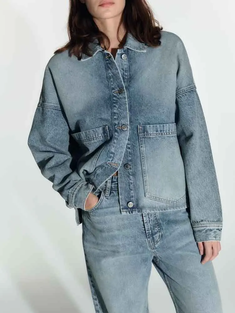 

Women 2023 New Fashion Cowboy Jacket Coat Vintage Long Sleeve Button Relaxed Female Outerwear Chic Overshirt