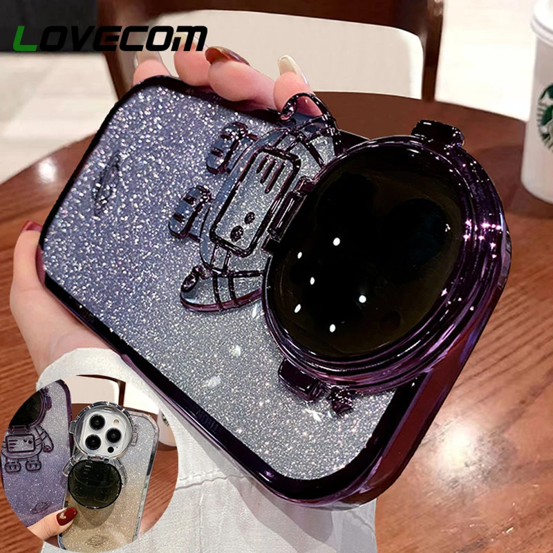 

Glitter Astronaut Camera Stand Phone Case For iPhone 14 13 12 11 Pro Max XR 14 Plus Invisible Lens Bracket Plating Soft Cover