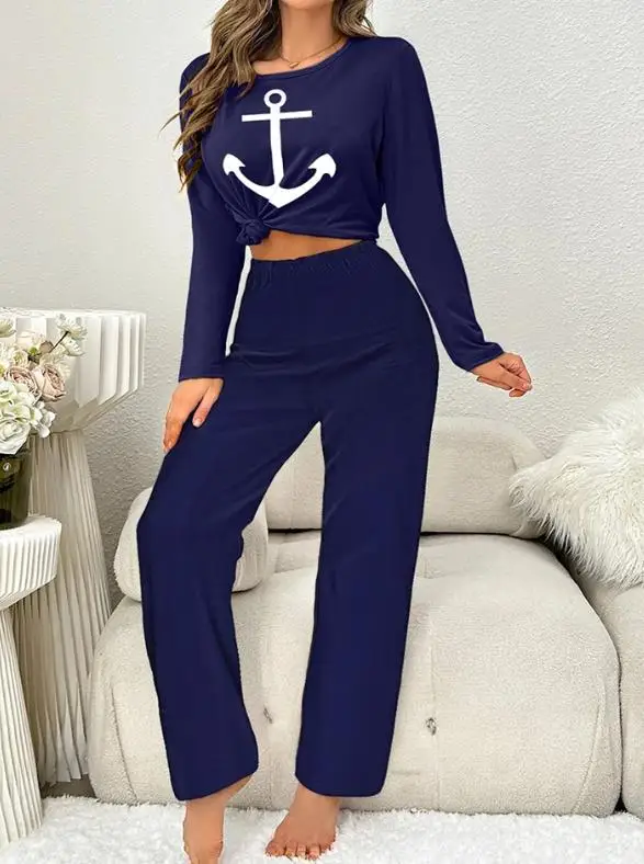 

Women's Pajamas Set Casual Home Anchor Print Round Neck Long Sleeve Sleepwear Nightwear Pants Pijama Pyjamas Two Piece Set 2203