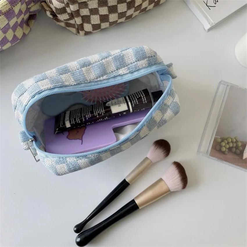 

Checkerboard Lattice Makeup Bag Knitted Fabric Women Cosmetic Organizer Zipper Beauty Pouch Wrist Make Up Pouch Toiletry Case