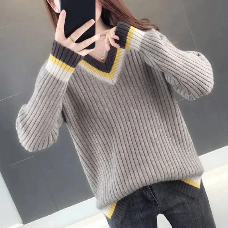 Офисная женская одежда осенне-зимний свитер с v-образным вырезом вязаный пуловер