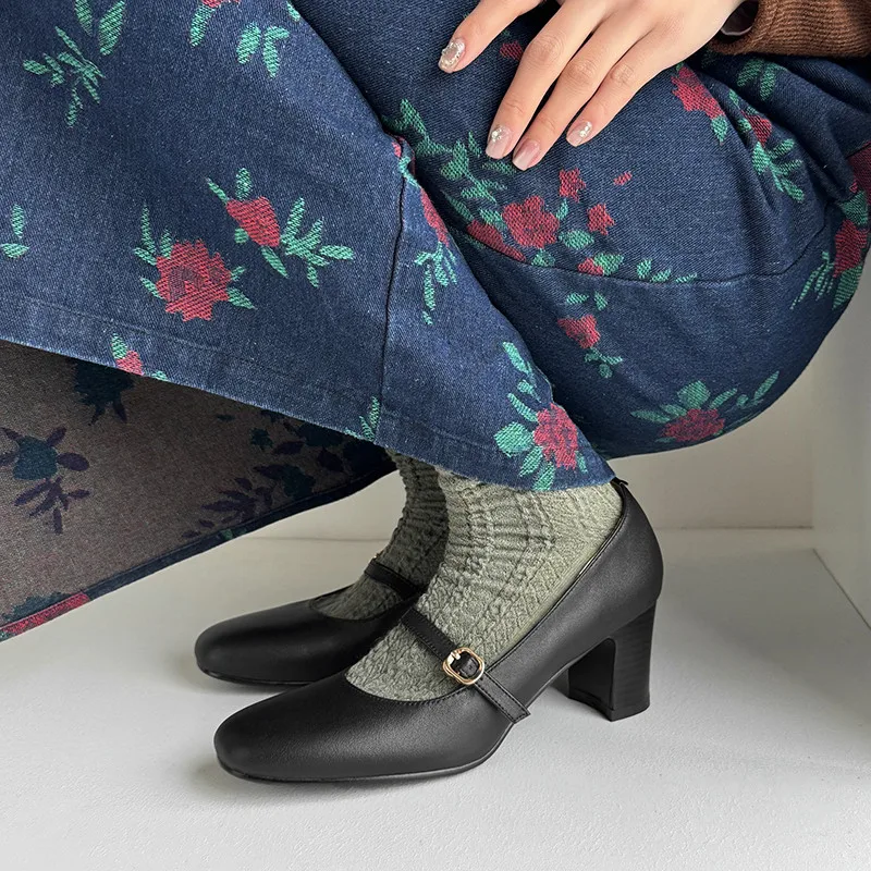 Туфли-лодочки MKKHOU женские натуральная кожа круглый носок высокий каблук Ретро