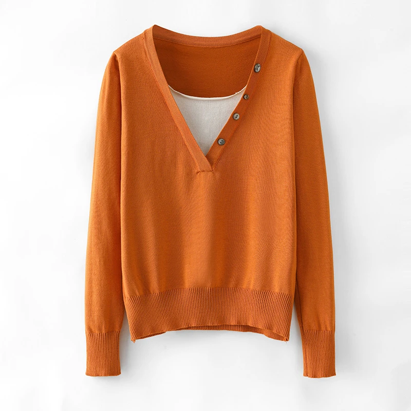 

Женский трикотажный свитер Limiguyue, оранжевый винтажный джемпер с круглым вырезом и пуговицами, имитация двух предметов, эластичный весенний ...
