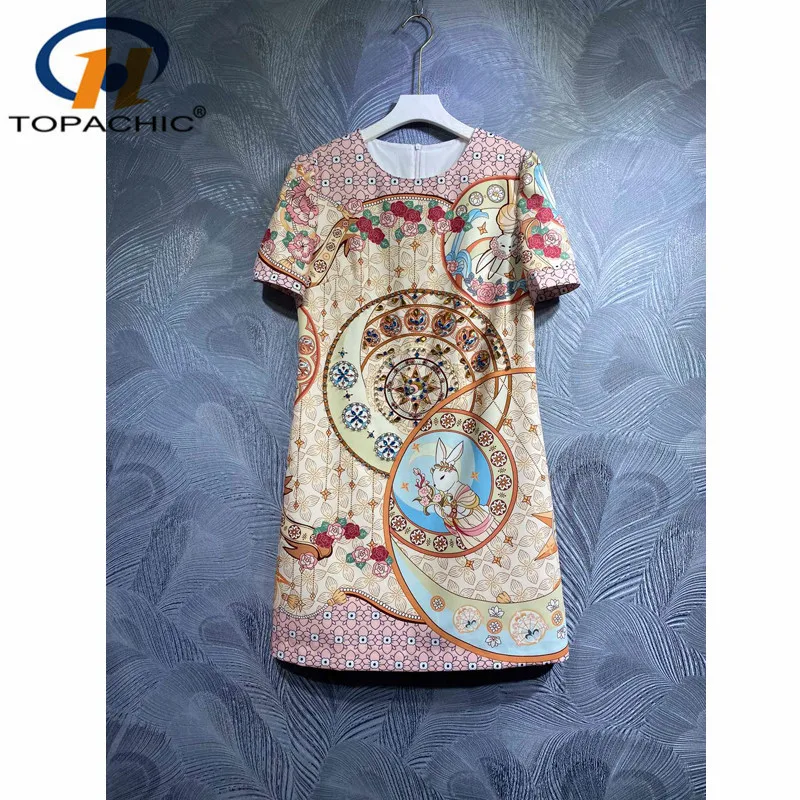 

5.24 TOPACHIC High End Heavy Industry Diamonds Beading Vintage Rabbit Rose Print O-Neck Short Sleeve A-Line Dress Women