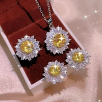 2022 new fashion flowers silver plate jewelry set for women diamond zircon gold shiny necklace ring earrings bridal gift