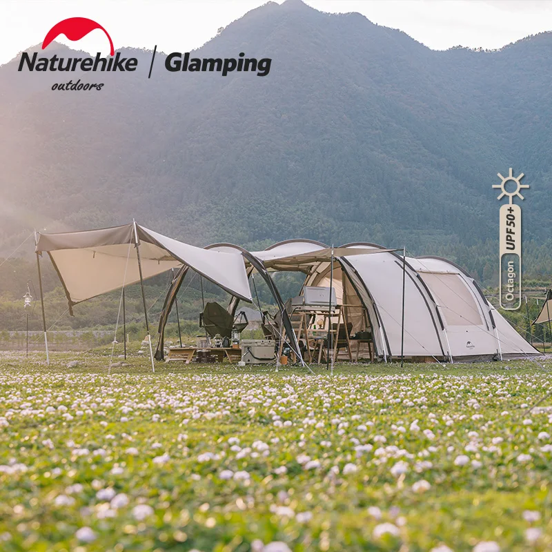 

Naturehike Tent CLOUD BOAT 4 Rods Camping Tent 20㎡ Lobby 150D Windproof Rainproof Tunnel Tent With Camp Outdoor Family Tent