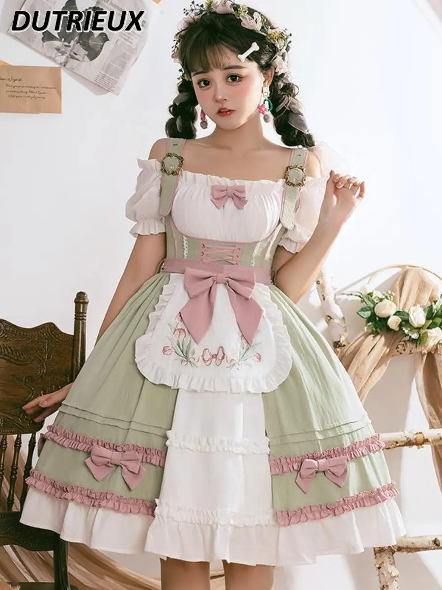 

Sexy Off-Shoulder High Waist Lolita Dress Summer Sweet Ruffles Bow Short Sleeve Midi Dress Girls Cosplay Party Princess Dresses