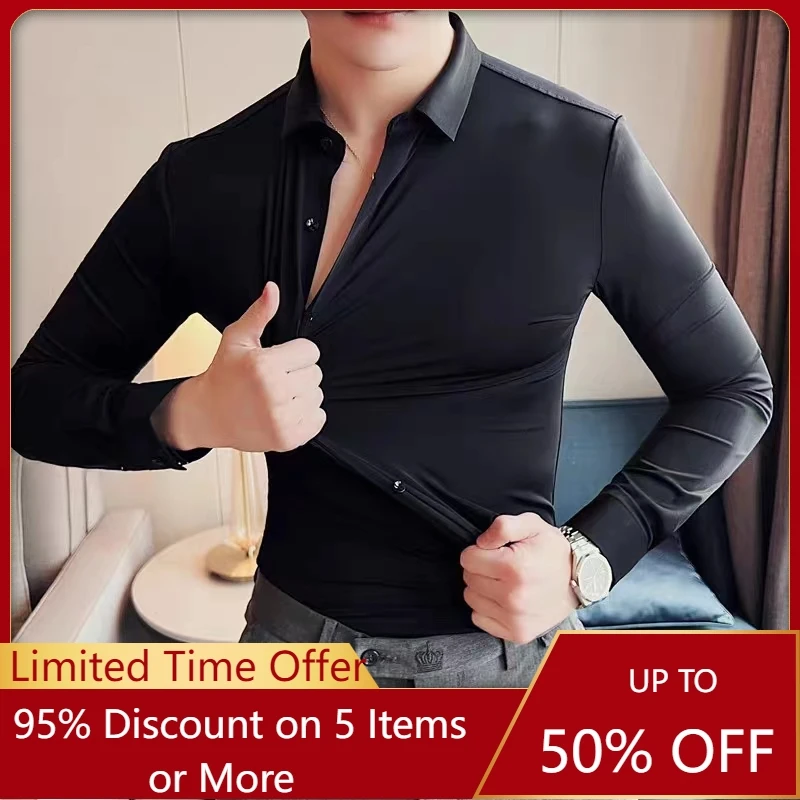

2023 Explosive Men's Four-Sided Elastic Shirt Men's Long-Sleeved Traceless Non-Ironing Business Casual White Shirt