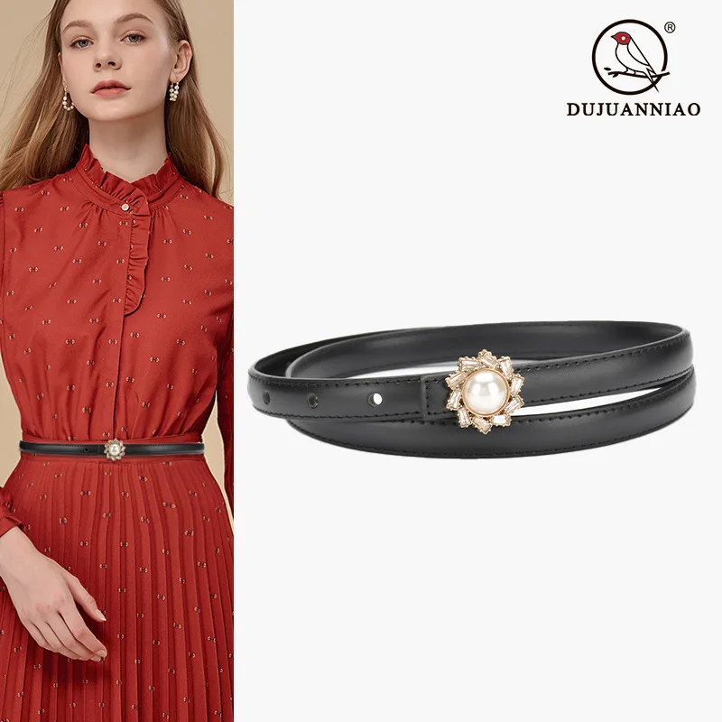

New Designer Belt Women's Cow Leather Thin Belt Black Simple Decorative Casual Jeans Fashion Leather Pearl Belt