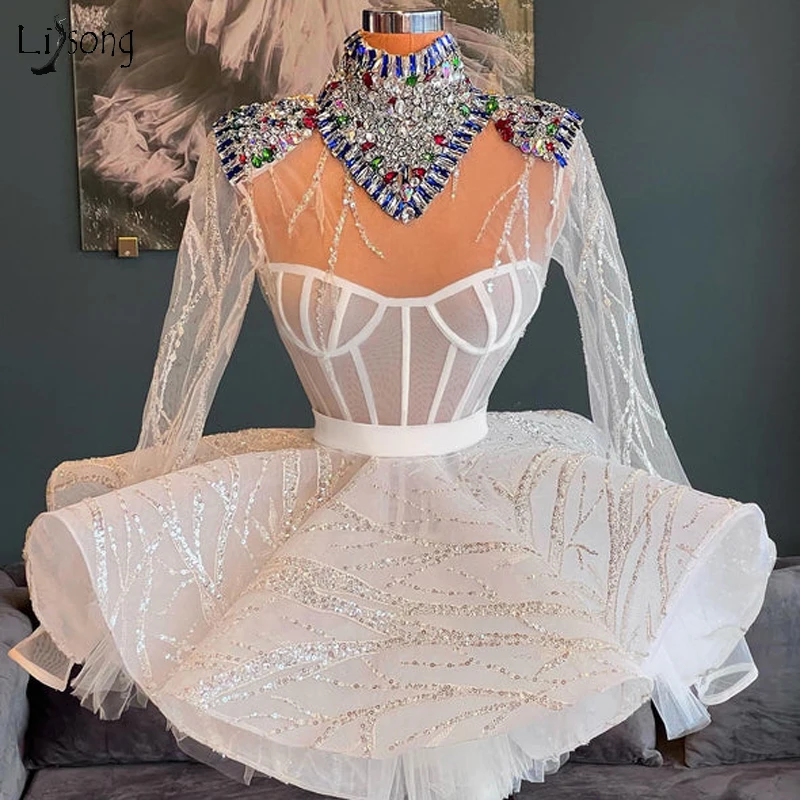 

Chic Shiny Lace Short Wedding Dresses 2022 Luxury Crystal Beaded Mini Bridal Dress Sexy See Thru Full Sleeves Wedding Gowns