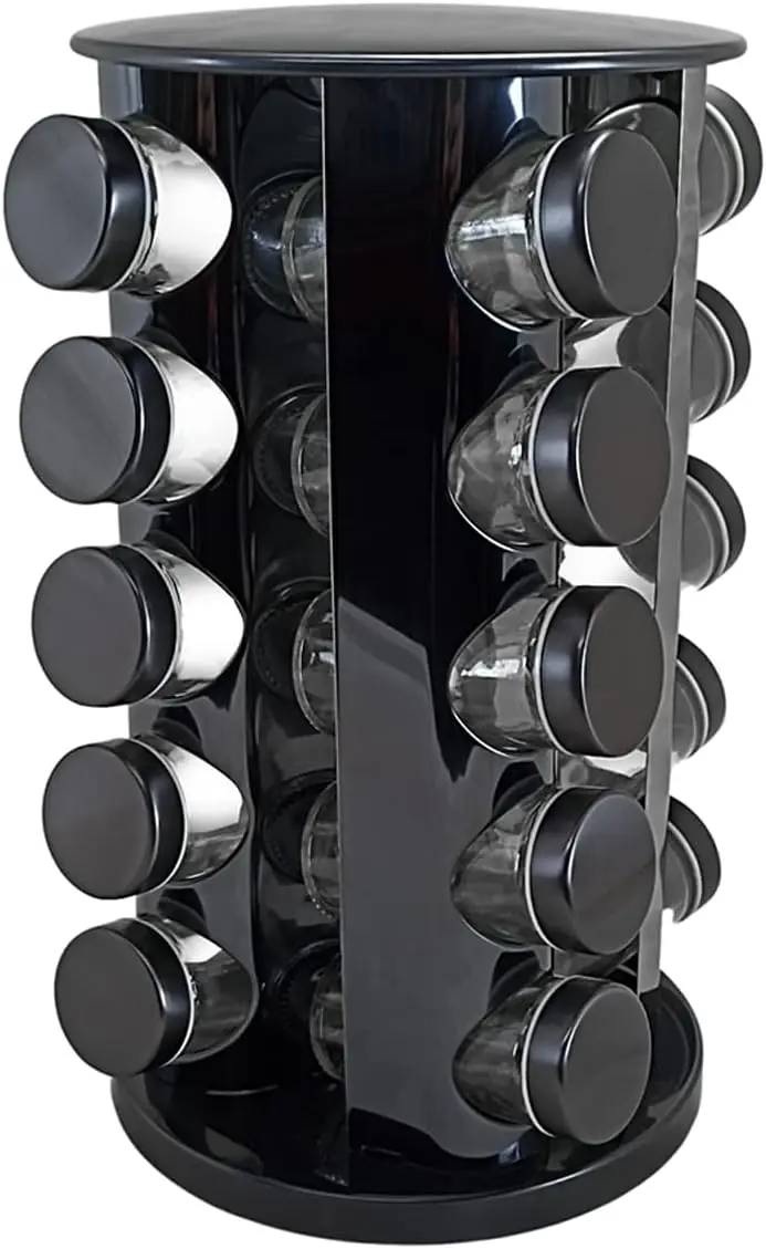 

Porta Temperos Condimentos Inox 20 Potes Com base Giratória (Preto)