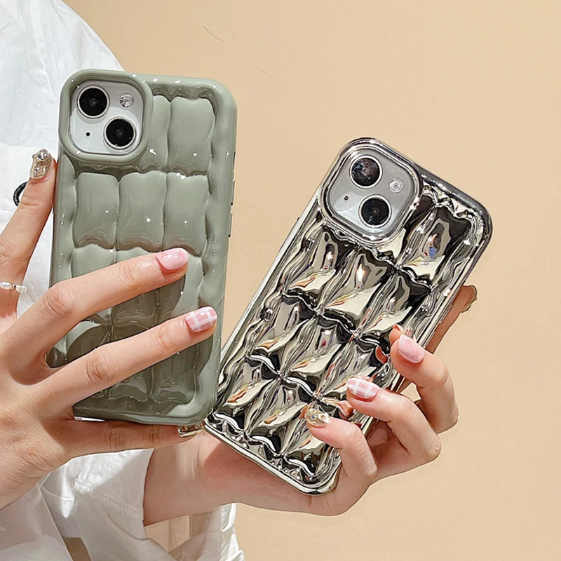 

3D Plating Silver Bread Air Cushion Phone Case For iPhone 14 13 12 11 Pro Max Solid Color Shockproof Soft Silicone Cover