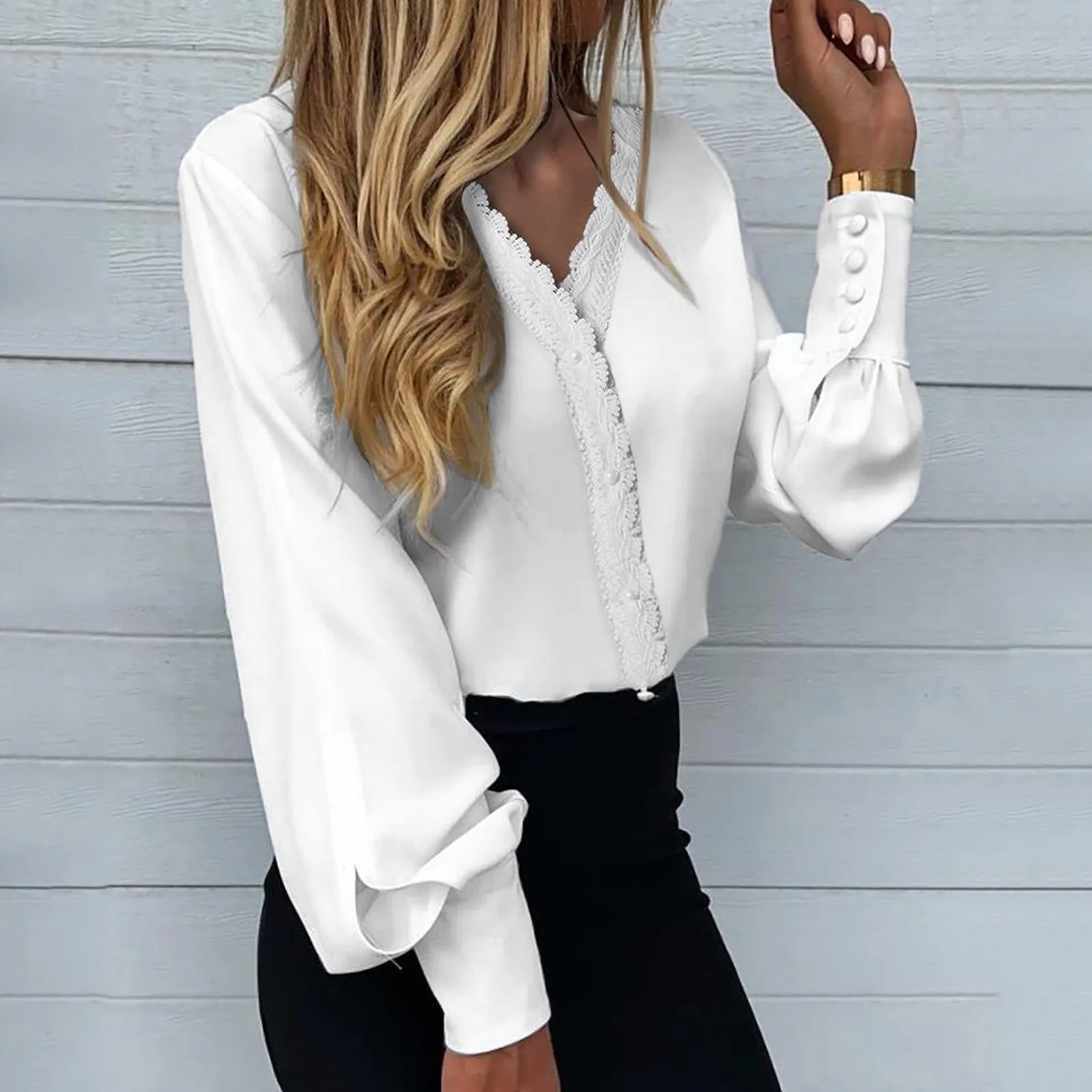

Women Lace Trim Blouse V Neck Long Sleeves Solid Button Loose Office Ladies Shirts & Blouses Women'S Top Women'S Autumn Clothes