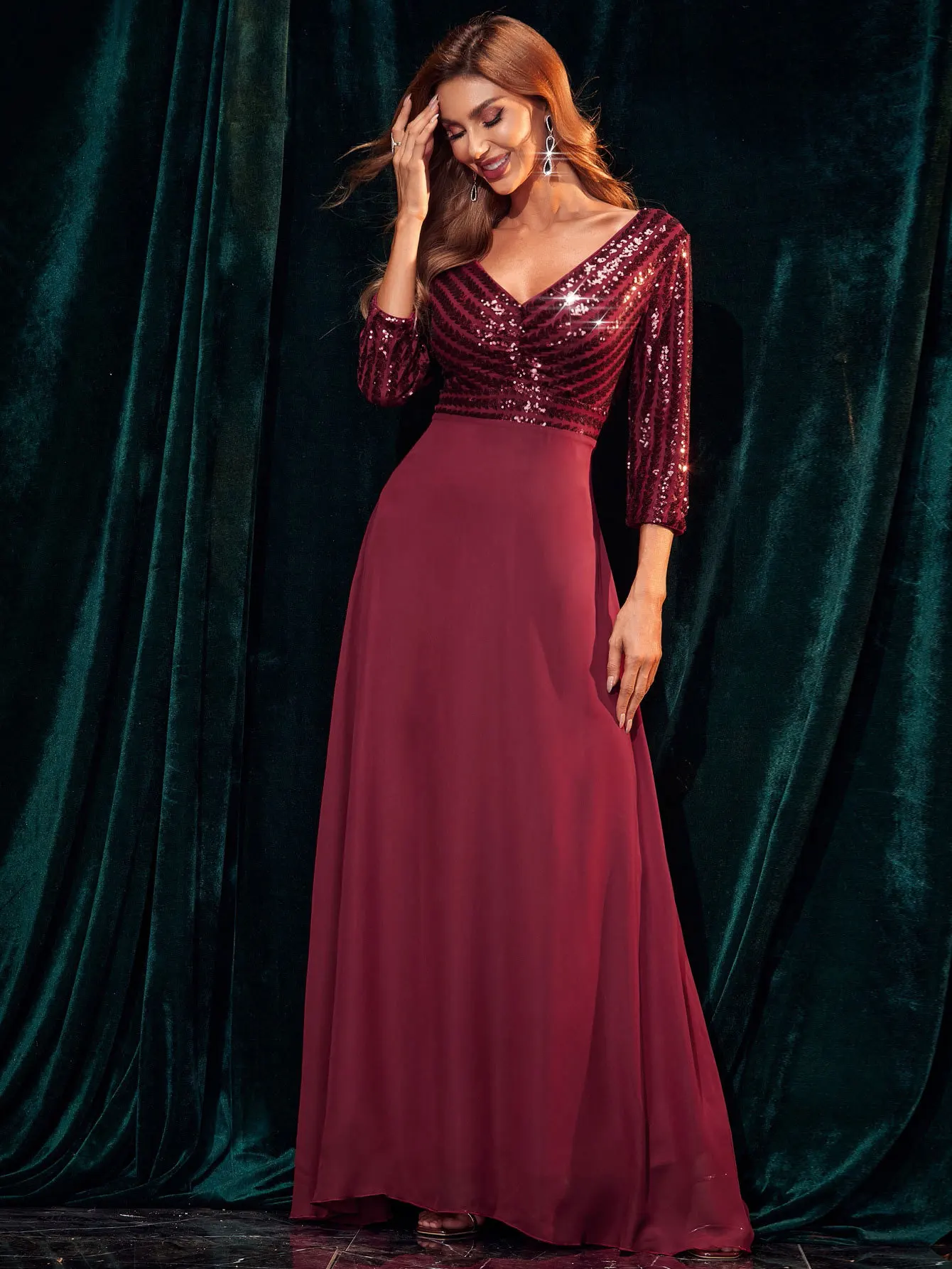 Women Elegant Chiffon Party Dress Deep V-neck Backless Prom Evening Dress Fashion Sexy Slim Sequined Patchwork Formal Dresses