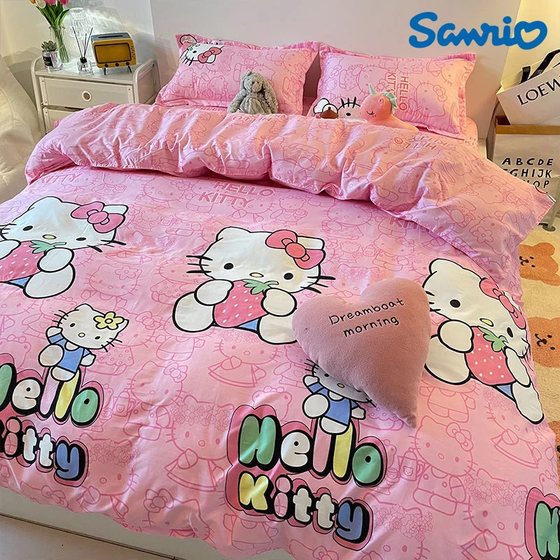 

4 Pieces Anime Hello Kitty Soft Cotton Quilt Cover Sheet Cartoon Kawaii Childrens Dormitory Home Safety Bed Accessories Gifts