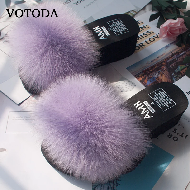 Summer Wedge Slippers Women Flip Flops Furry Real Fox Fur Slides Platform Shoes Female Home Slippers Fashion Casual Ladies Shoes