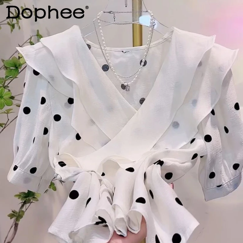 

Gentle Elegant Polka Dot Short Sleeve Shirt Women 2022 Spring Summer New Ruffled White Pullover Blouse Crop Top Camisas De Mujer