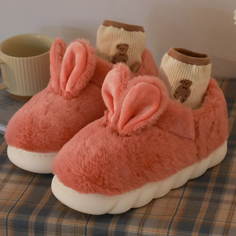 Cute Rabbit Cotton Slippers Woman Cute Cartoon Plush Shoes Slides Winter Indoor Warm Fluffy Platform Female Home Cotton Slipper