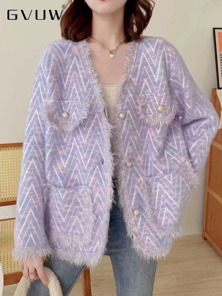 

GVUW Tassel V-Neck Short Coat For Women 2023 Autumn New Knitted Cardigan Imitation Mink Fleece Casual Top Female Trend 17G2452
