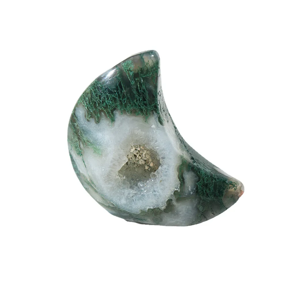 

Natural crystal Green Moss Agate Druzy Crystal Cave cluster Healing Stone Moon shape handicraft ornaments