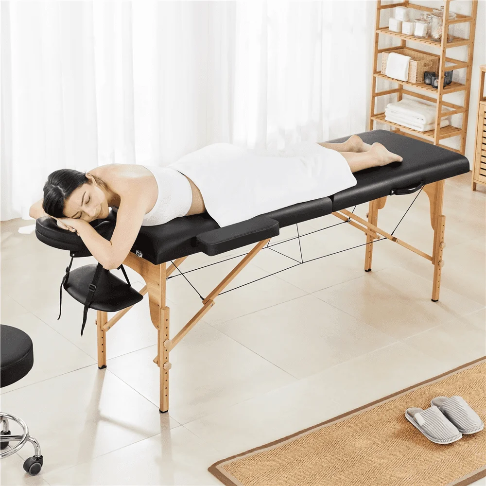 

84" Wooden Portable 2 Section Massage Table, Black with Headrest, Armrest, and Hand Pallet, for Spa Treatments & Tattoos