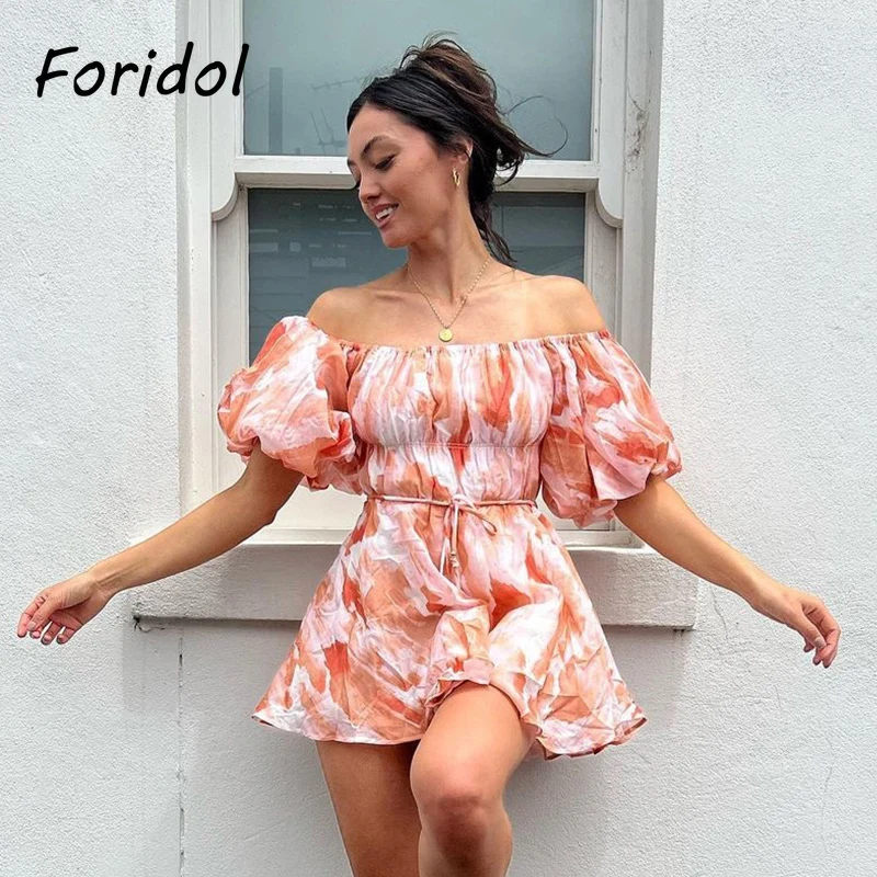 

Foridol Tie-dyed Off Shoulder Summer Beach Dress Lantern Sleeve Boho Short Sundress Vestidos for Women Sash Casual Orange Dress