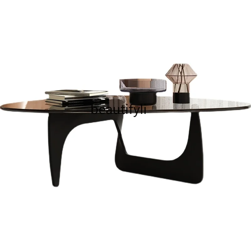 

zqCreative Table Small Apartment Tempered Glass Black Solid Wood Triangle Tea Table