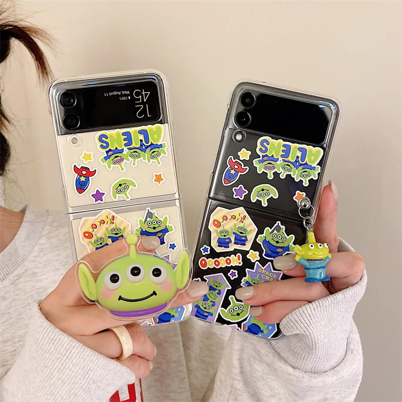

Cartoon Alien Phone Stand Transparent Case for Samsung Galaxy Z Flip 3 5G Hard PC Back Cover for ZFlip3 Case Protective Shell