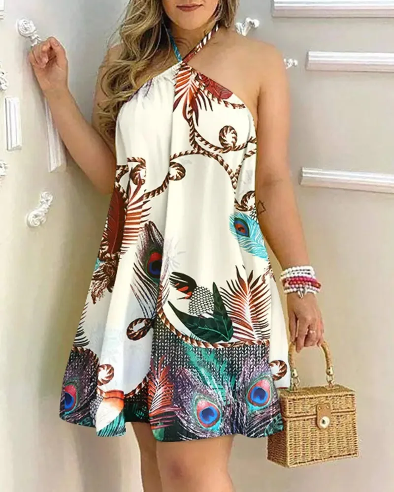 

Dress Summer Women's Tropical Print Open Back Casual Beach Holiday Dress New Hot Sleeveless Hanging Neck Sexy chic Tank Top Dres