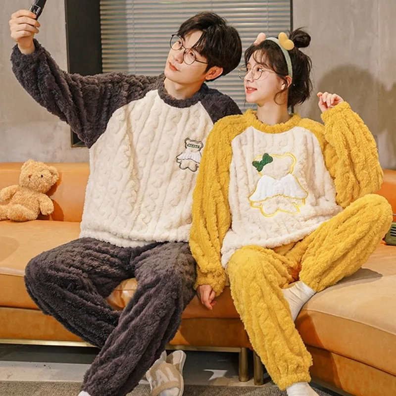 QUHENG Winter Femme Pajamas for Women Autumn Long Sleeved Trousers Thick Warm Sleepwear Cotton Couple Casual Home Men  Clothing